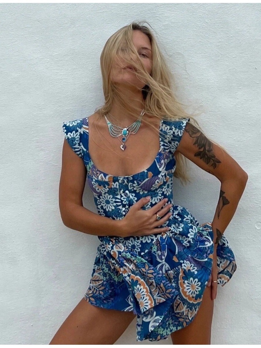Vanessa Mooney Elisabeth Daisy Silk Floral Romper Blue